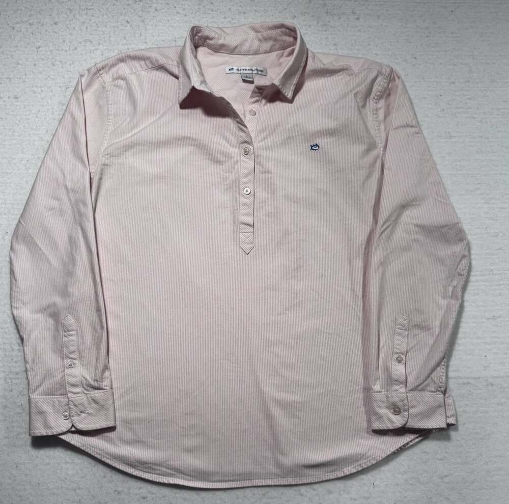 Southern Tide Women’s Half Button Popover Shirt Size L Pink Stripe